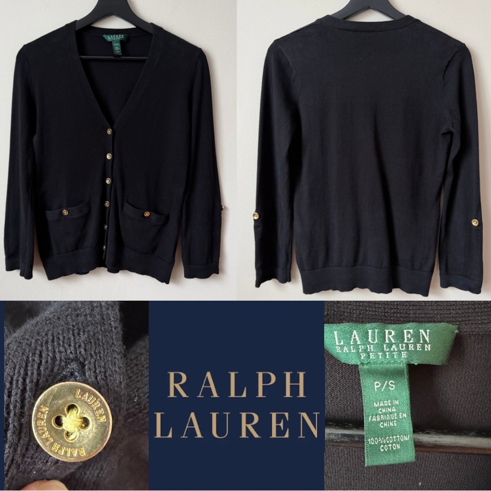Vintage Lauren Ralph Lauren Women’s Black Cotton Cardigan with Gold Buttons PS